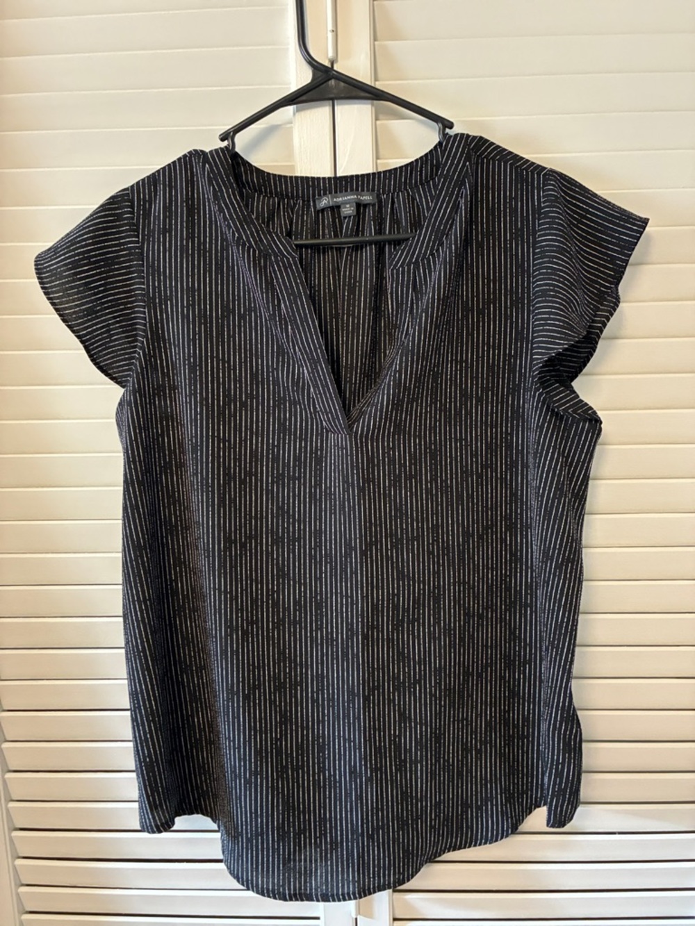 Adrianna Papell Black and White Pinstripe V-Neck Cap-Sleeve Blouse
